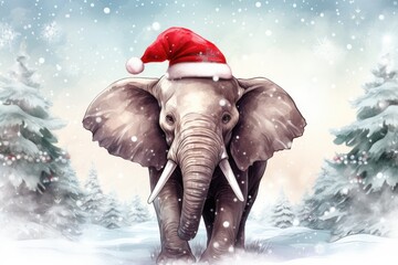  an elephant wearing a santa claus hat in a snowy landscape with evergreen trees and snow falling down on the ground.