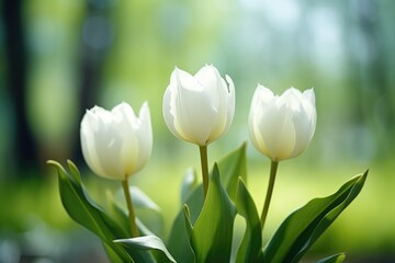 Three white tulips in a vase on a table.