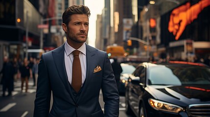 Confident businessman crossing a busy urban street