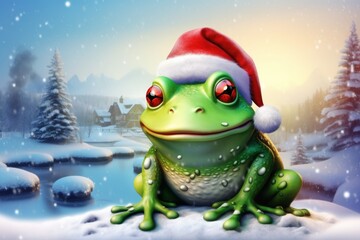  a green frog wearing a santa hat sitting on a snow covered ground in front of a snowy landscape with trees.