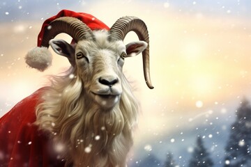  a painting of a goat with a santa hat on it's head and a snowy landscape in the background. - obrazy, fototapety, plakaty