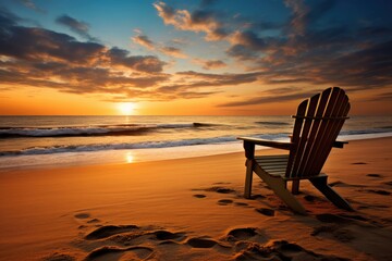 A solitary beach chair facing the ocean at sunrise, inviting relaxation and contemplation