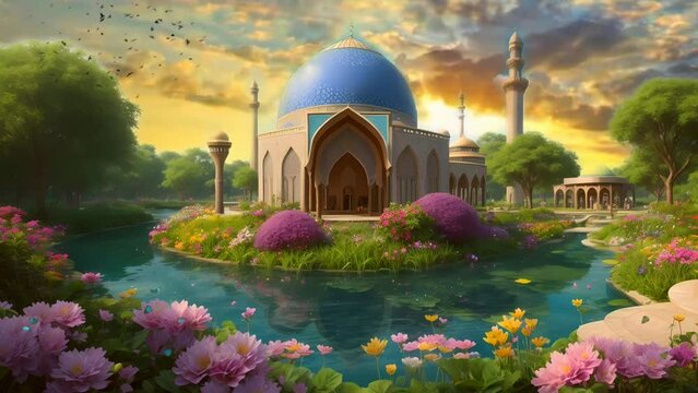 Fantasy mosque with beautiful garden and pond, seamless Animation video background in 4K Resolution