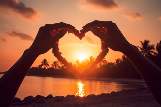 Romantic image of a woman's hands holding a heart during sunset on the tropical beach.