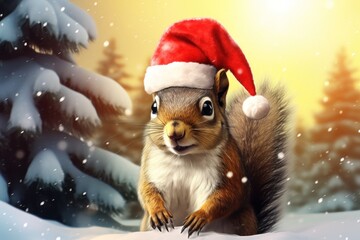  a painting of a squirrel wearing a santa hat in a snowy forest with pine trees and sun shining in the background.