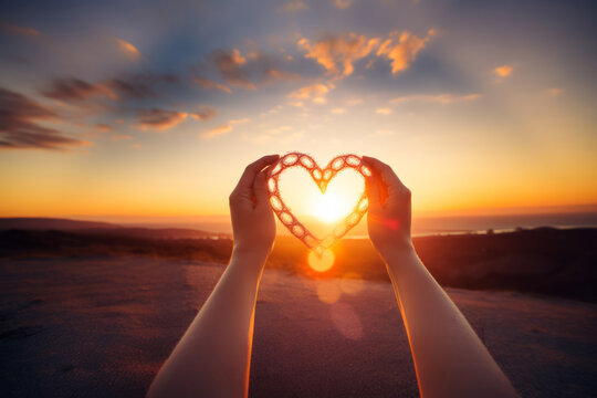 Beautiful and romantic image of a woman's hands holding a red heart during the sunset.