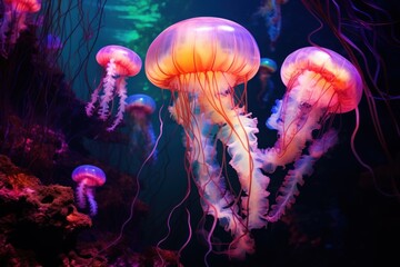  a group of jellyfish swimming in a tank at a sea life exhibit at the aquarium in san francisco, california.