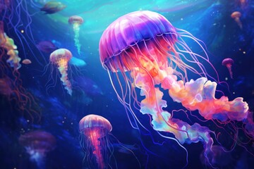  a group of jellyfish floating in a blue water filled with lots of different colored jellyfish in the ocean.