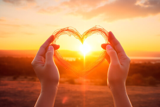 Closeup of a beautiful and romantic image of a woman's hands holding a red heart during the sunset.