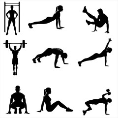 Collection of different exercise silhouettes ,calisthenics silhouettes ,female fitness,  male fitness