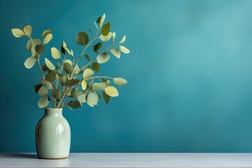  a vase filled with green leaves sitting on top of a white table next to a blue wall and a blue wall behind it.