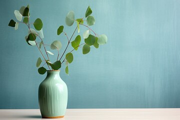  a green vase filled with green leaves on top of a wooden table with a blue wall in the back ground.