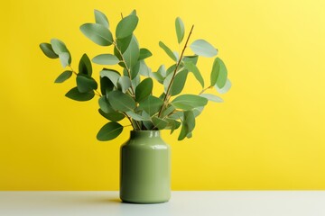  a green vase filled with green leaves on top of a white table with a yellow wall in the back ground.