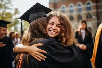 Students celebrate graduation. Portrait of a happy high school graduate girls. Generated by AI. Young female friends and classmates congratulate each other and hug each other.