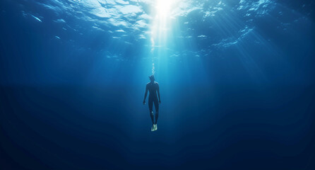 Scuba Diver's Ascent in Sunlit Blue Waters of the Vast Ocean