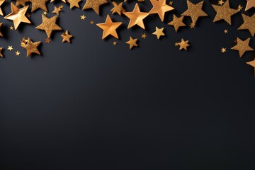  a group of gold stars on a black background with space for a text or an image to put on a card or brochure.