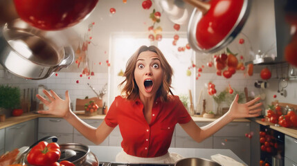 A young woman is surprised by the mess in the kitchen
