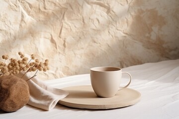 Obraz na płótnie Canvas a white cup sitting on top of a saucer on top of a white bed next to a white towel.
