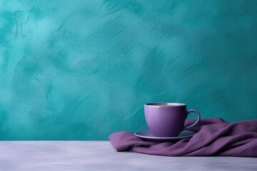  a purple cup sitting on top of a saucer on top of a purple cloth next to a green wall.