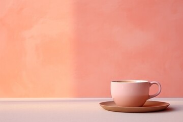  a white cup and saucer on a saucer on a white table with a pink wall in the background.