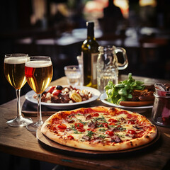 Delicious pizza on wooden table on restaurant with drinks glass on plate high quality image