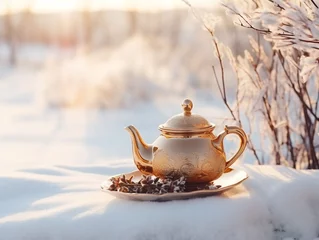 Deurstickers Glass teapot with hot tea in the winter forest © lelechka