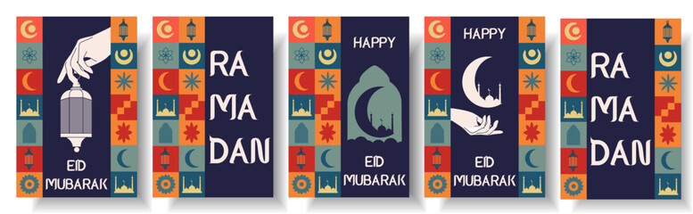 Set Design Islamic RAMADAN  banner in trendy Geometric retro style. Islamic Mosque and crescent. Vector illustration can used web poster