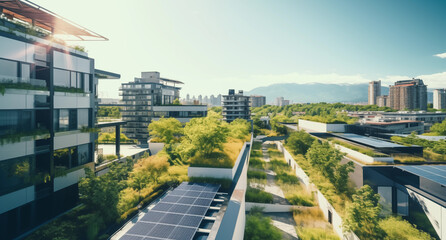 Green Energy Metropolis: Solar Panels Dominating Urban Apartment Rooftops