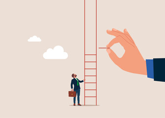 Big hand help tiny businessman build ladder. Climb up. Flat vector illustration