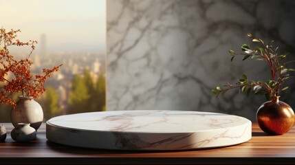 Empty Round Marble Table Top Podium in Morning Light Perfect for Advertising Products with a Blurred Background for Mockups and Presentations, Moch-up, Space for Adding Text