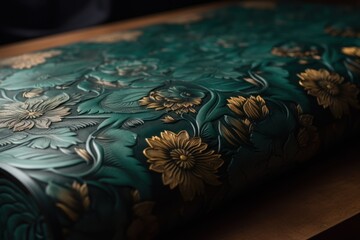  a close up of a green and gold floral design on a piece of wood with a person in the background.