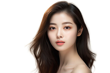 Fototapeta premium Studio portrait of a beautiful young asian woman with clean fresh and healthy skin isolated on white transparent background.