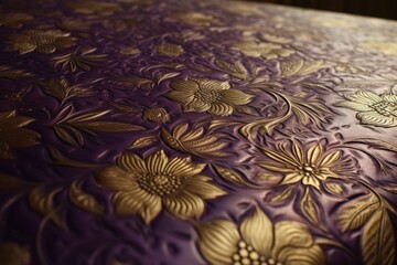  a close up of a bed with a purple and gold bedspread with flowers on the bedspread.