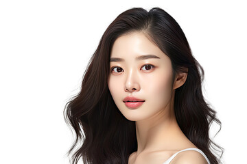 Fototapeta premium Studio portrait of a beautiful young asian woman with clean fresh and healthy skin isolated on white transparent background.