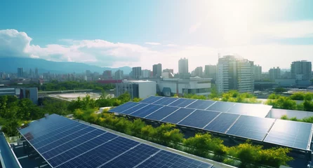 Schilderijen op glas Vibrant Urban Ecosystem with Expansive Solar Panel Energy City © StockGeniusPro