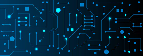 Blue circuit electronic or electrical line with circle engineering technology concept vector background 