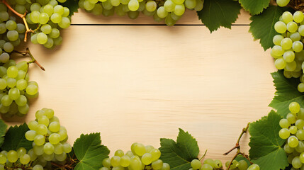 Empty wooden table lined with fresh green grapes, space for text or products