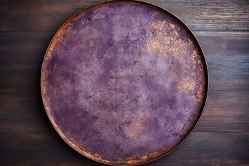  a purple plate sitting on top of a wooden table next to a knife and a knife rest on the edge of the plate.