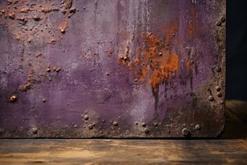  a close up of a rusted metal plate on a wooden table with a purple wall and rusted paint.