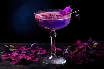  a purple drink in a wine glass with a flower on the rim and a purple flower on the rim of the glass.
