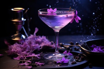  a purple drink sitting on top of a table next to a plate of food and a glass with a flower on it.