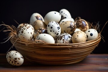 Naklejka na ściany i meble a basket filled with lots of brown and white eggs on top of a wooden table next to a black wall.