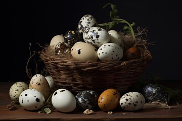  a basket filled with lots of eggs sitting on top of a wooden table next to a bunch of other eggs.