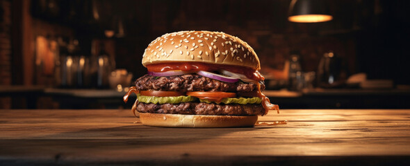 Tasty homemade beef burger close up food photography on dark background