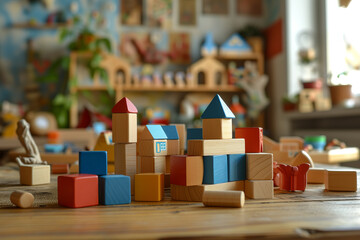 Colorful Wooden Blocks on Playroom Table