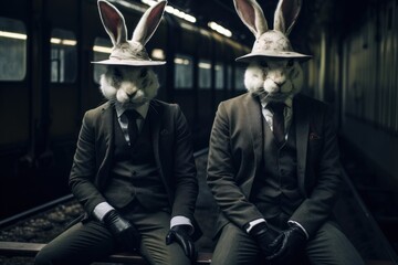  two rabbits wearing suits and hats sit on a bench in front of a subway train as they look like they are wearing bunny ears.