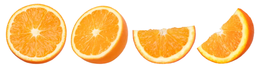 Fotobehang half orange fruit and slices isolated, Orange fruit macro studio photo, transparent PNG, collection, PNG format, cut out © natthapol