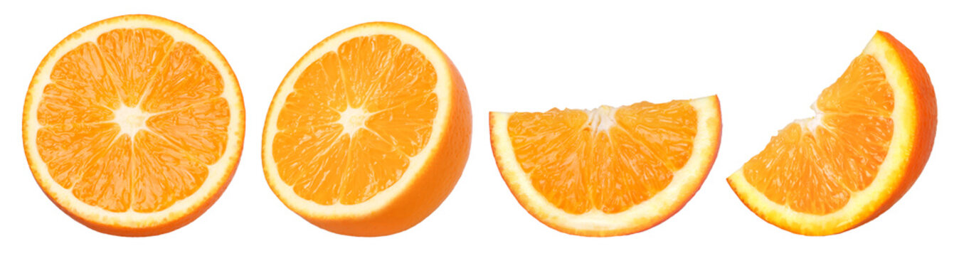 half orange fruit and slices isolated, Orange fruit macro studio photo, transparent PNG, collection, PNG format, cut out