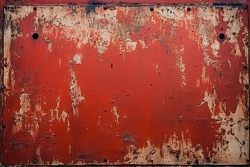  a close up of a rusted metal surface with holes in the middle of the surface and a red wall in the background.