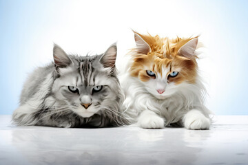 Two fluffy cats stands together looking into camera